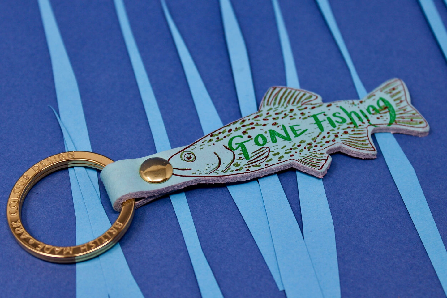 Gone Fishing Leather Key Fob in Pale Blue