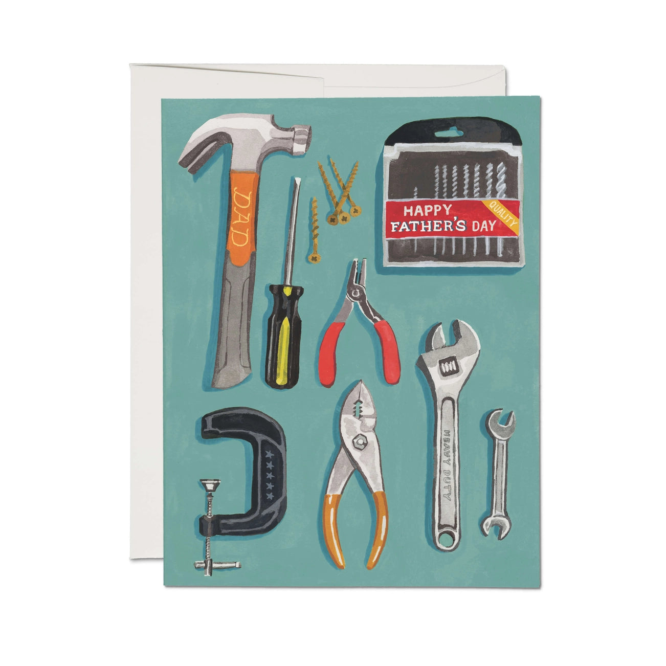 Father's Day card with tools on a teal background