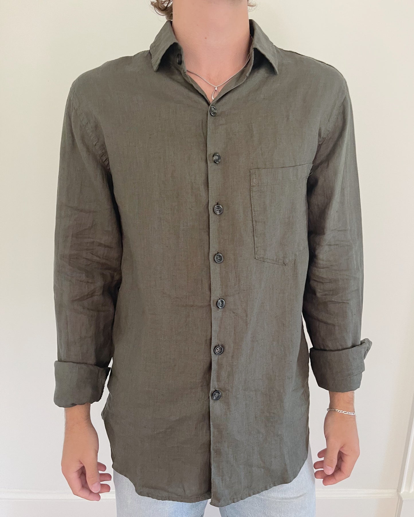 Linen Button Down in Kelp