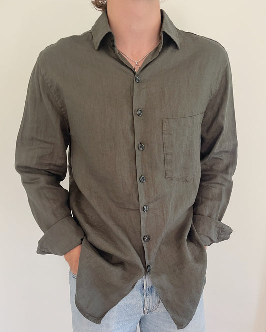 Linen Button Down in Kelp