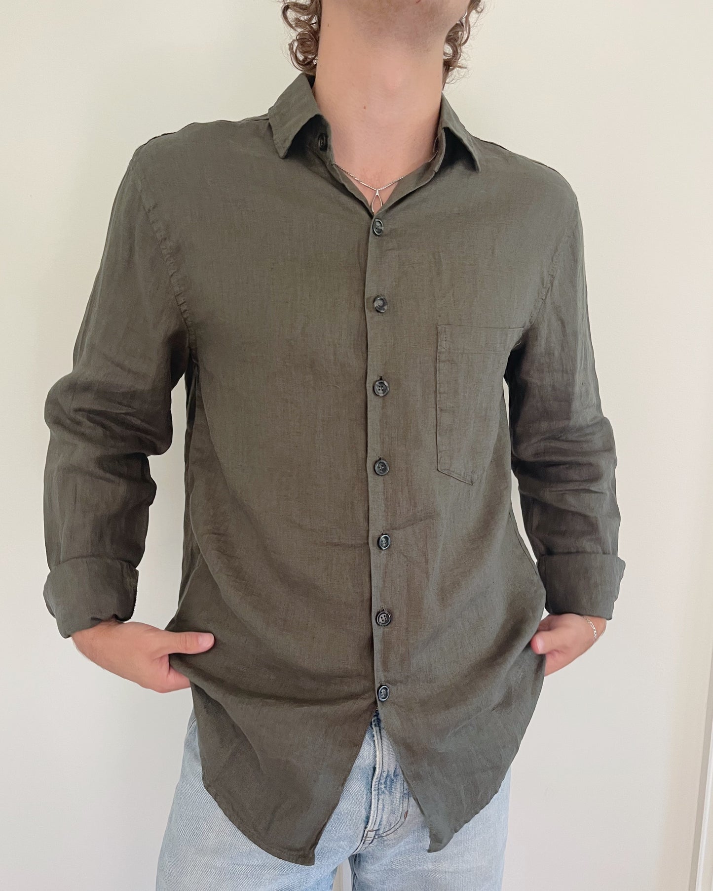 Linen Button Down in Kelp