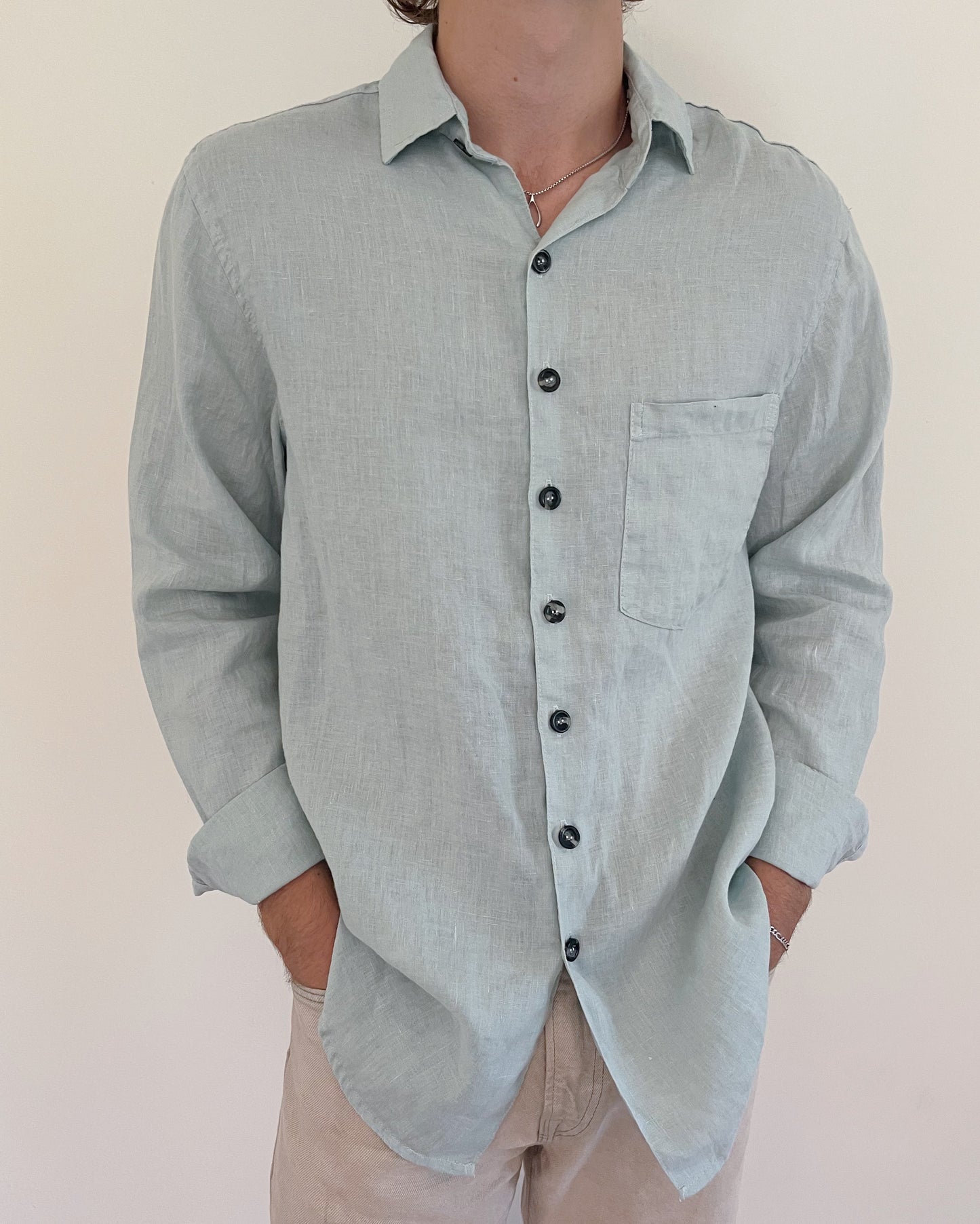 Linen Button Down in Seafoam