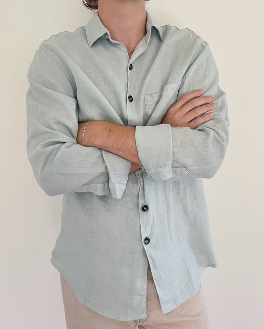 Linen Button Down in Seafoam