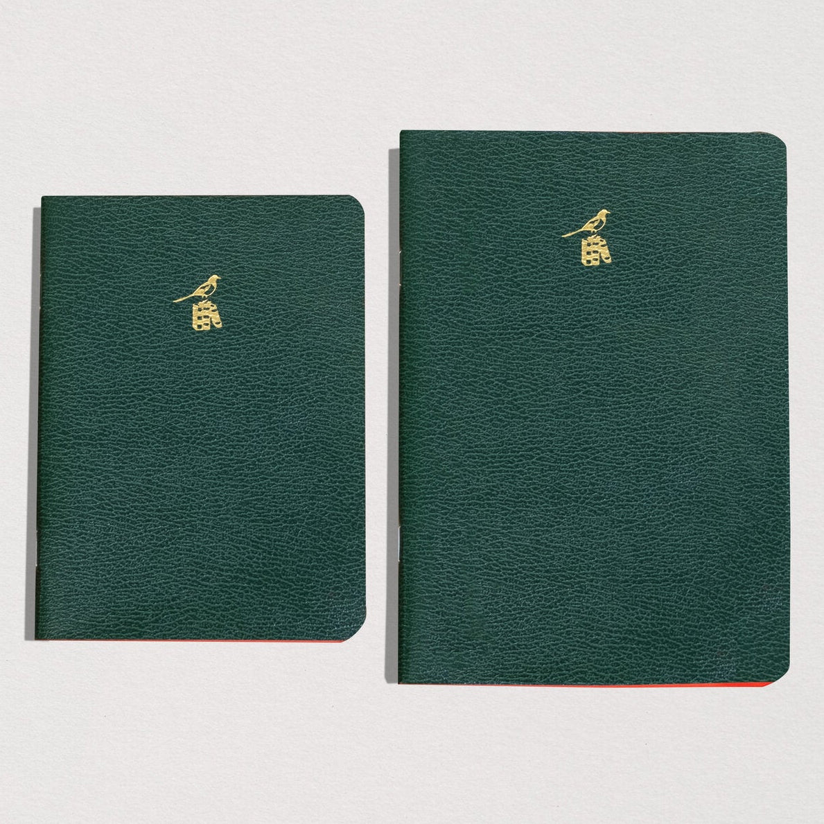 Three green notebooks of different sizes on a light gray background