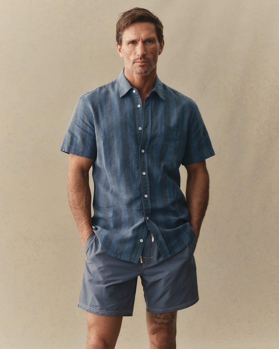 The Short Sleeve California in Blue Stone Stripe Hemp