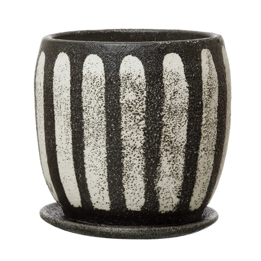 Black & White Hand-Painted Planter with Saucer