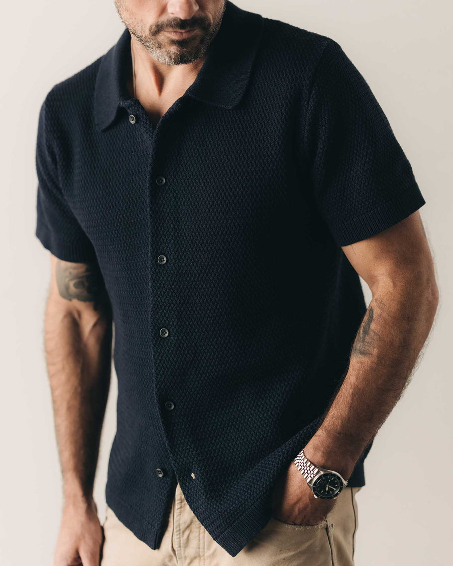 The Button Down Polo In Dark Navy Crochet